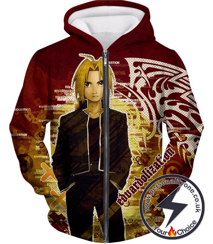 Fullmetal Alchemist Awesome Anime Hero Edward Elrich Cool Promo Poster Red Zip Up Hoodie